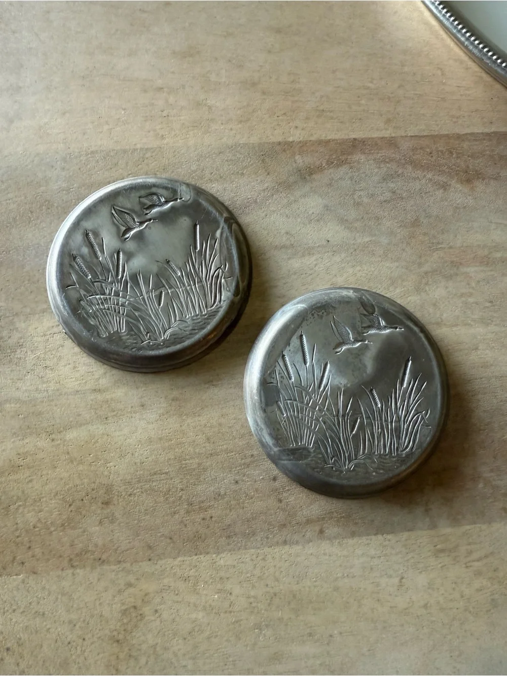 Vintage Aluminum Tray and Coaster Set with Flying Ducks Relief
